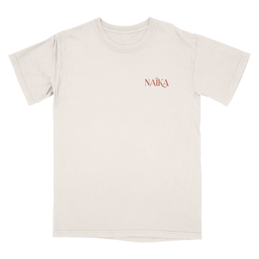 Beige t-shirt with 'NAIKA' logo